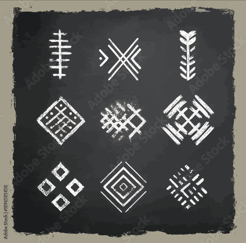 A set of tribal symbols in white on a black background in the style of vector illustration with a flat design The artwork features simple lines and shapes wit