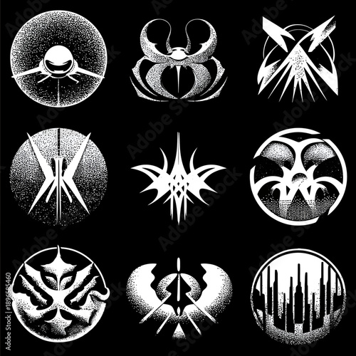 a sheet of futuristic sticker designs abstract graffiti glyphs tribalinspired symbols surreal vector logos minimal cartoon mascot elements mixed with sharp ge