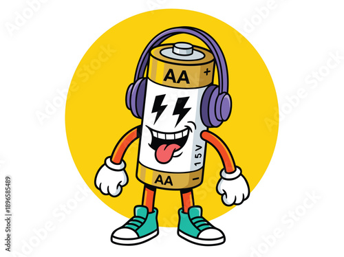 Cartoon AA Battery Character Wearing Headphones and Listening to Music.
