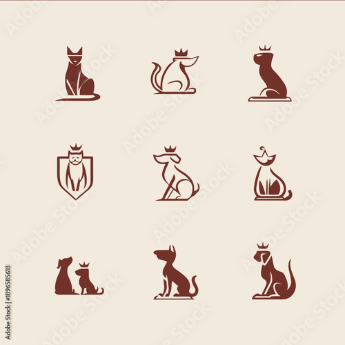 collection of minimalist monochrome petthemed logo sketches dark reddishbrown color on light beige background featuring stylized silhouettes of cats and dogs