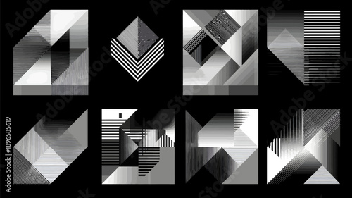 moodboard of minimalistic seamless tile designs in black and white based on diagonal repetitions of geometric shapes