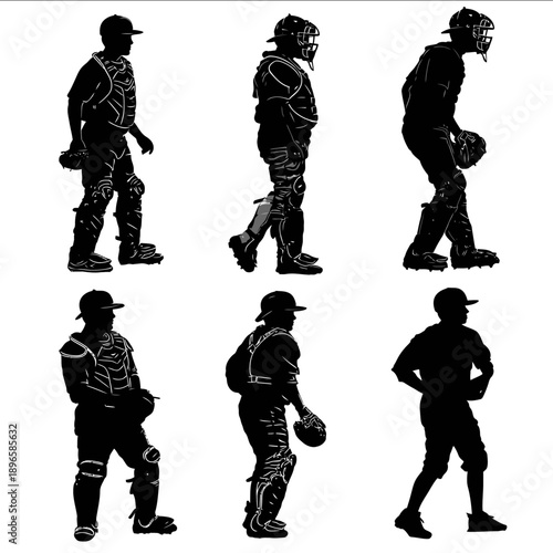 baseball catcher silhouette set Black White silhouette set No shadow No Additional Things