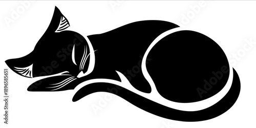 sleeping cat stylized black silhouette simple outline as stencil on white background
