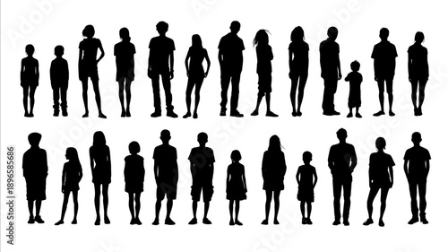 A set of black silhouettes of 20 full body adults and kids looking backwards Human form White background