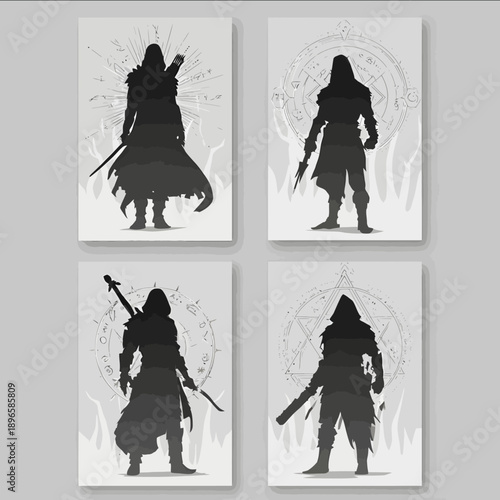 a set of 4 vertical fantasy RPG character class cards clean silhouettes representing the following classes warrior mage rogue cleric each card features a sing