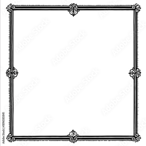 Old English style medieval frame simple rectangular border with light ornamentation black line art on white background inspired by illuminated manuscripts and