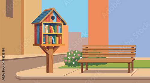 Charming Little Free Library and Park Bench Scene.