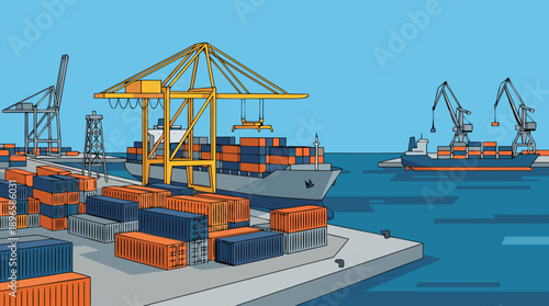 Container Ship Loading and Unloading at a Busy Port.