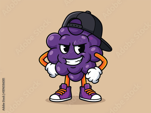 Cool cartoon grape character wearing a baseball cap and sneakers.