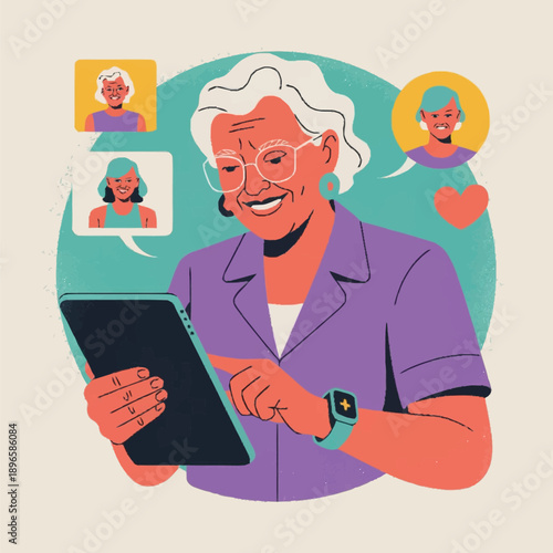 Vector Image elderly woman using smartphone with social media and communication concept