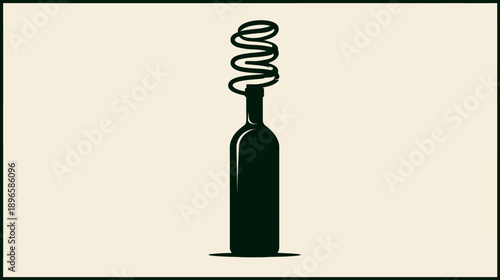 Silhouetted illustration of a bottle with a coiled element on top. Design on beige background