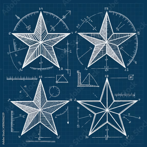Vector Image geometric blueprint star layouts with measurement guides