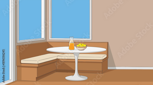 Cozy Breakfast Nook with Orange Juice and Snacks.