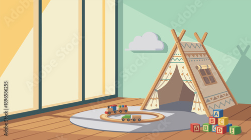 Cozy Childrens Playroom with Teepee and Toy Train.