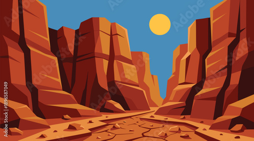 Desert Canyon Landscape with Sun.