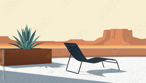Desert landscape with a modern lounge chair and a potted plant, minimalist style.