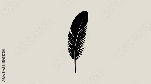 A monochrome illustration of a bird feather in black against a neutral, beige background