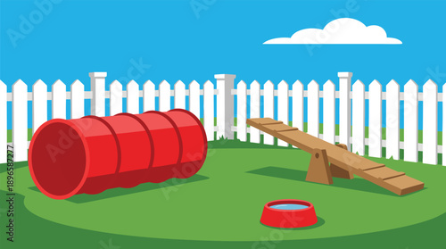 Dog Agility Training Course with Red Tunnel and Seesaw.