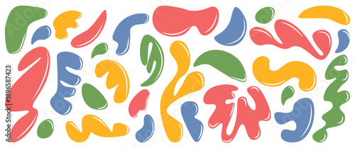 Set of colorful abstract organic blob shapes in red, yellow, blue and green. Playful modern elements for creative collages, stickers, branding accents and contemporary design