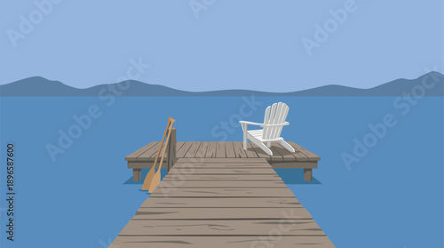 Empty Adirondack Chair on a Wooden Dock Overlooking a Calm Lake.