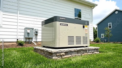 Standby generator unit beige exterior with gray top on stone pad in grassy yard next to house.