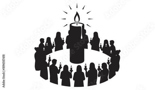 Silhouettes of diverse individuals forming a heartfelt circular vigil, each holding a lit candle, gathered around a prominent central candle, isolated on a clean white