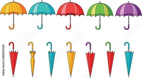 Colorful Umbrella Icon Set with Open and Closed Parasols for Weather Forecast Apps Seasonal Rain Protection Fashion Accessories Outdoor Travel and Summer Beach Sunshade Graphic Designs