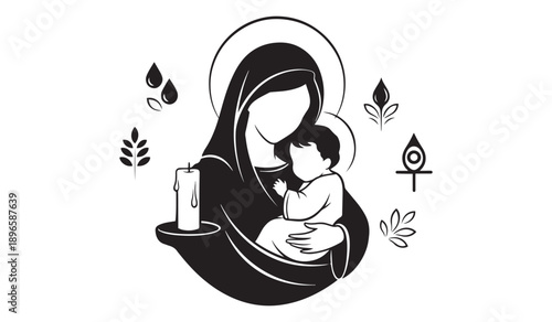 Black and white graphic of Mary and baby Jesus with halos, surrounded by candle, wheat, water drops, and spiritual symbols, isolated on white background.
