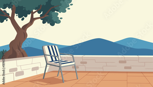 Empty chair on a terrace overlooking mountains and a tree.