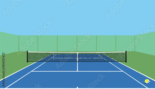 Empty blue tennis court with net and yellow ball.
