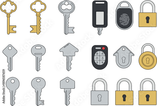Complete Security Key Icon Set with Household Door Keys Automotive Car Fobs Remote Entry Systems and Metal Padlocks for Real Estate Protection and Locksmith Services