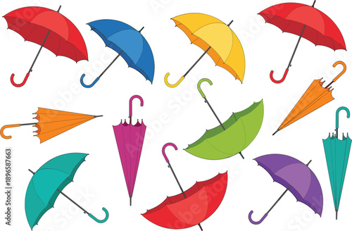 Dynamic Scattered Colorful Umbrella Collection with Open and Folded Parasols for Rainy Day Concepts Weather Forecast Apps Seasonal Marketing Campaigns and Summer Protection Designs