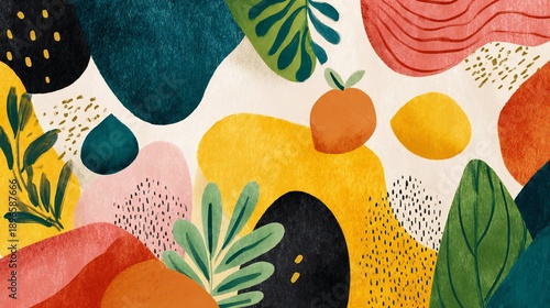 Tropical fruit and leaf seamless pattern in vibrant watercolor style with fresh citrus and exotic foliage design
