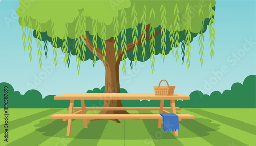 Empty picnic table under a large tree in a park.