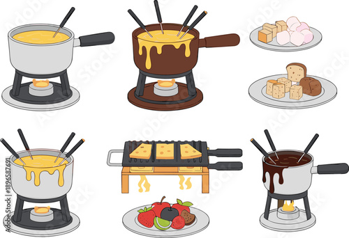 Gourmet Fondue and Raclette Set with Melted Cheese Pots Chocolate Fondue Dipping Skewers Toasted Bread and Fruit Platters for Culinary Events and Dining Design