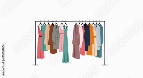 A colorful collection of dresses and outerwear hanging on a clothing rack, presented in a minimalist flat illustration style