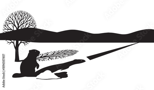 Black and white silhouette of two Capybaras (Hydrochoerus hydrochaeris) with bare trees, distant hills, and a stylized pointed horn element, isolated on a white