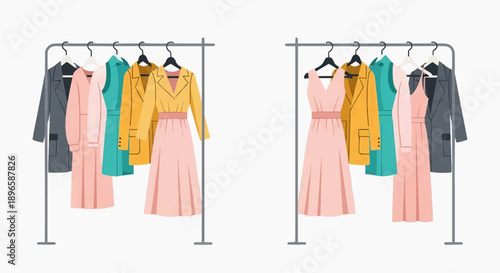 Fashionable women's clothing on display racks, featuring dresses and coats in various colors and styles, perfect for a boutique or online store