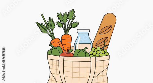 Eco-friendly reusable tote bag filled with a colorful selection of fresh groceries like vegetables, fruits, bread, and milk, illustrating sustainable shopping and healthy eating