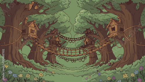 Enchanting Pixel Art Forest Village with Treehouses and Bridges.