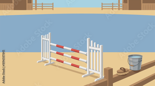 Equestrian Show Jumping Arena with Obstacles and Water Bucket.