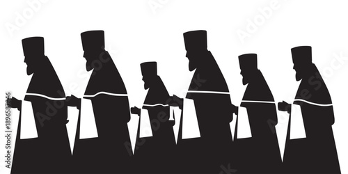 Black silhouettes of six bearded men in traditional religious robes and hats holding staffs, depicted in a ceremonial procession against a clean white background.