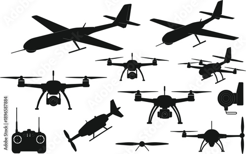 Professional Drone and UAV Silhouette Set Featuring Quadcopters Fixed Wing Aircraft Aerial Surveillance Equipment and Remote Controllers for Modern Logistics and Security Graphic Designs