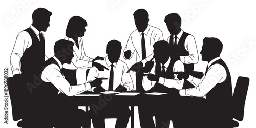 Business team silhouetted around a conference table, pointing and discussing documents, representing collaboration and teamwork.