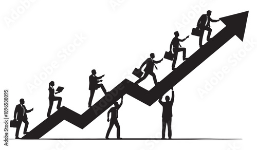 Silhouettes of business people supporting each other while ascending a rising graph, representing teamwork and collective success.
