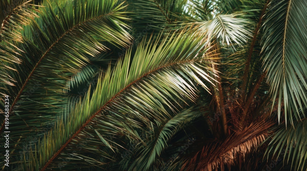 Naklejka premium Lush tropical palm leaves with sunlight in vibrant greenery.