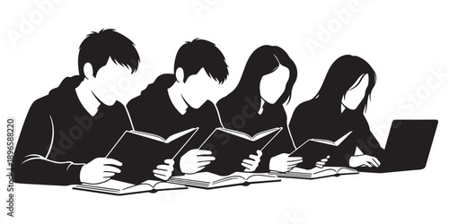 Diverse group of four students studying together, reading books and using a laptop in a focused, studious atmosphere.