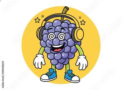 Funny cartoon grape character wearing headphones and listening to music.