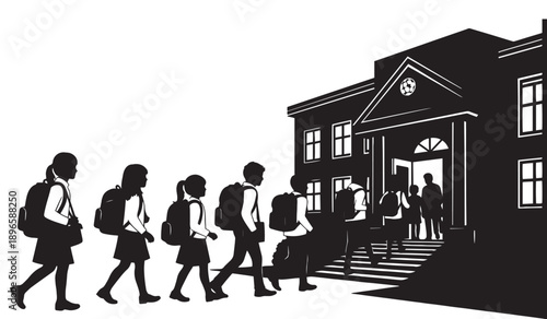 Diverse group of schoolchildren with backpacks walking towards a school building entrance, a common sight on the first day.
