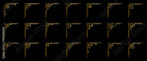 Gold geometric corner frames doodle set. Vintage angle border and golden elegant decorative elements for wedding invitations. Vector illustration isolated on black background